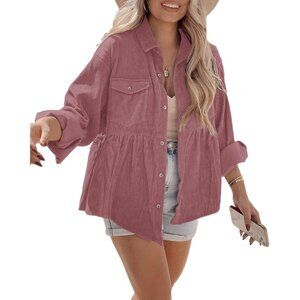 Women’s Corduroy Peplum Shacket Jacket Long Sleeve Button Down Casual Blouse